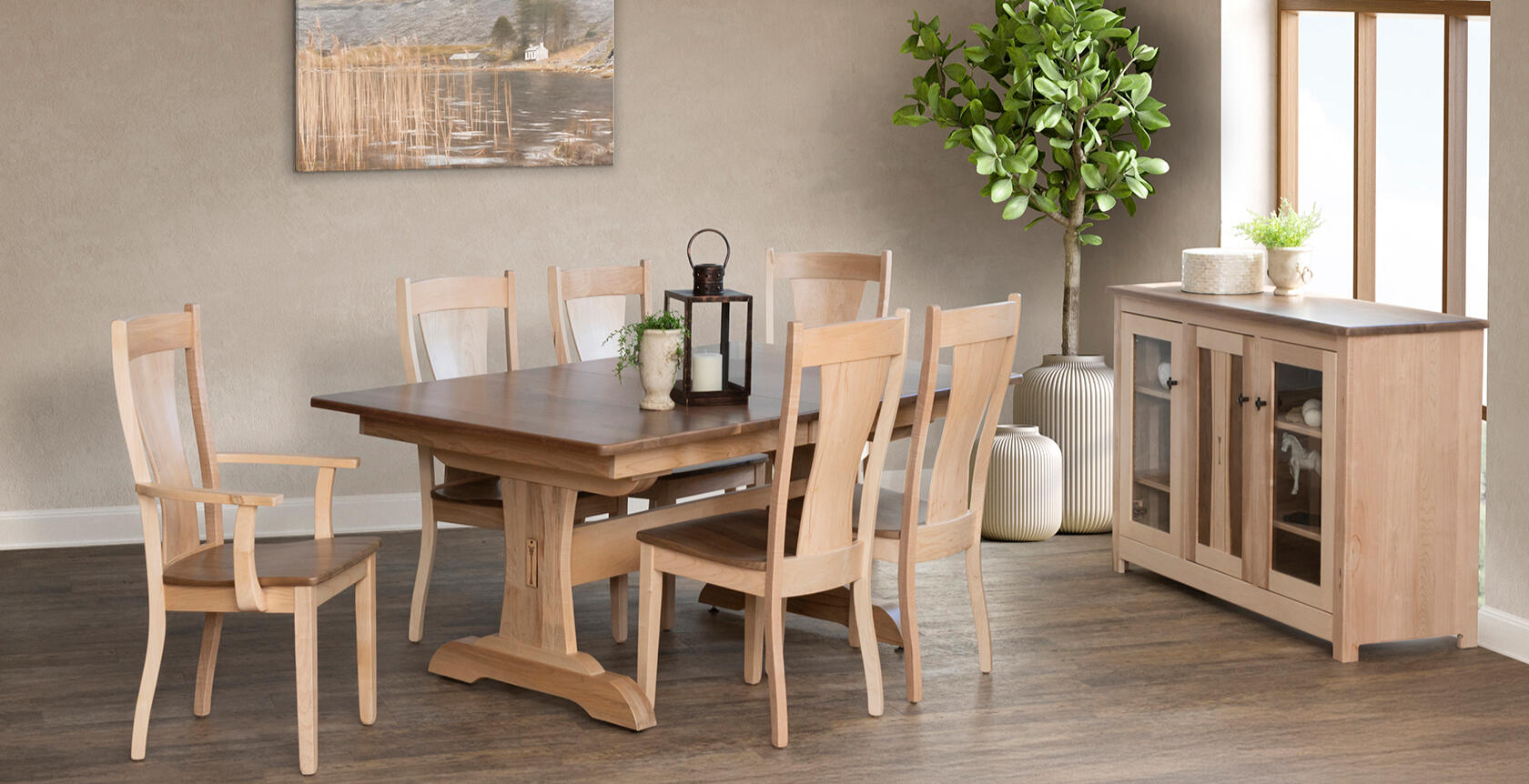 Custom made hardwood dining room furniture table chairs sideboard all amish made in lancaster pa available in oak maple cherry walnut and hickory