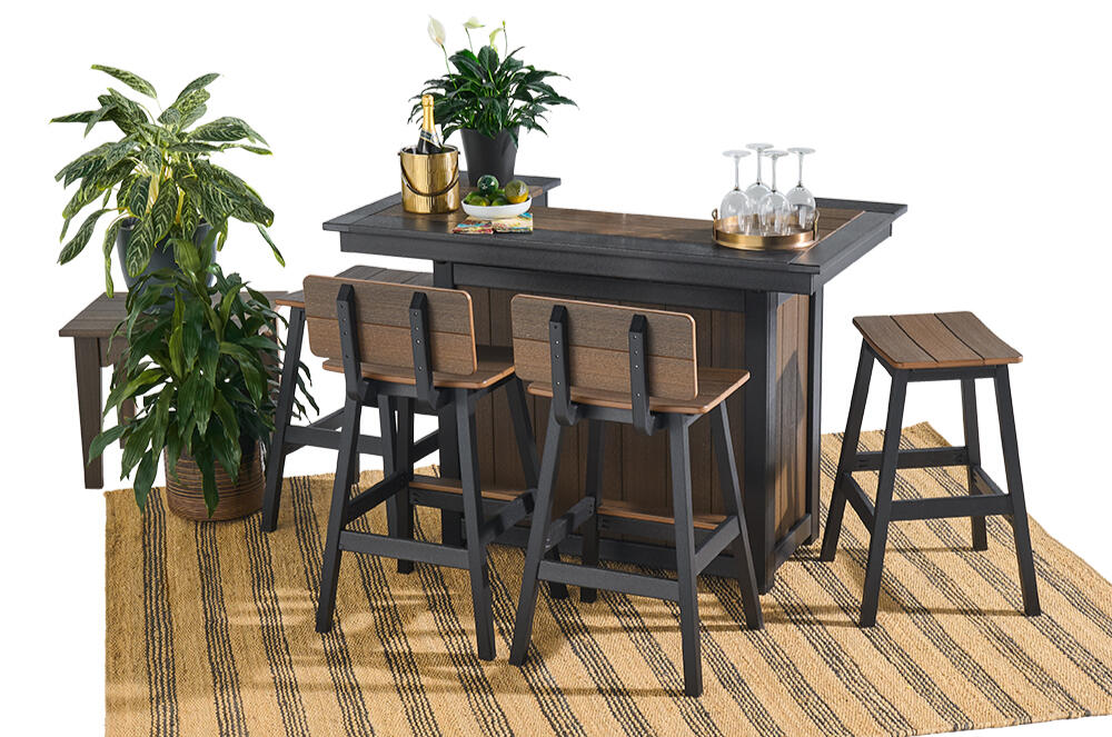 Amish‑crafted outdoor bar and stools made from Tangent™ HDPE poly, available through local retailers across Connecticut, Rhode Island, Massachusetts, Vermont, New Hampshire, Maine, and New York.