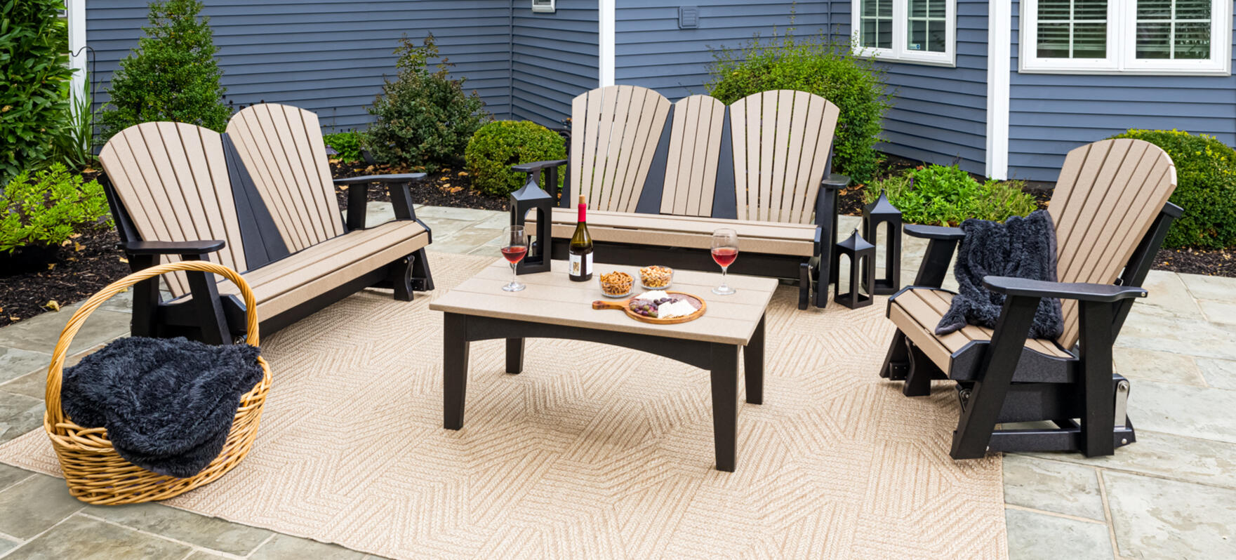 Customizable Amish‑built Adirondack and outdoor seating crafted from Tangent™ poly, available through retailers in CT, RI, MA, VT, NH, ME, and NY.