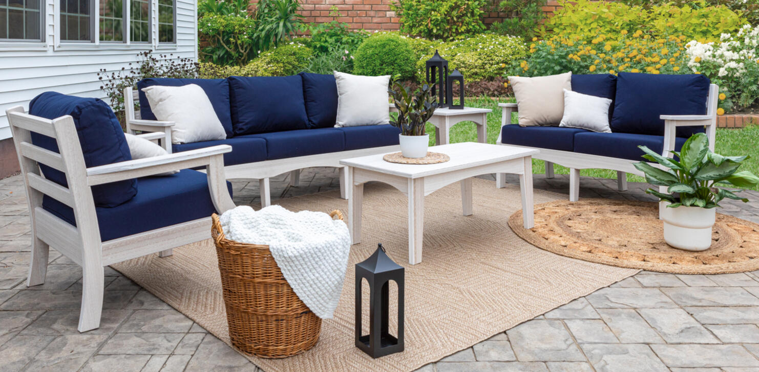 Customizable outdoor deep seating, sofa, love seat, sectional, ottoman built from Tangent™ poly by Amish craftsmen, available through retailers in CT, RI, MA, VT, NH, ME, and NY.