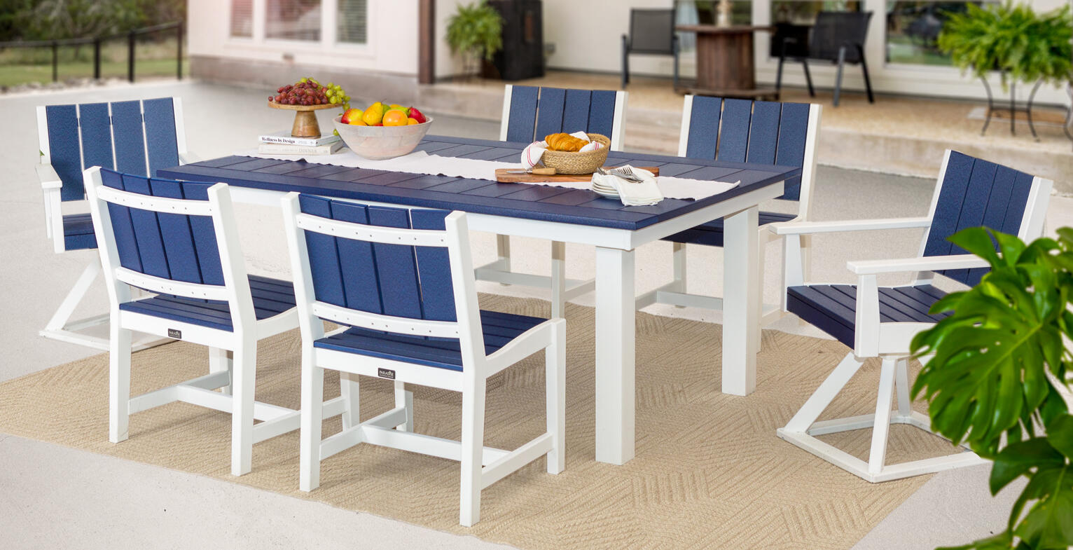 Handcrafted outdoor dining tables and chairs made from Tangent™ HDPE poly, available through local retailers across Connecticut, Rhode Island, Massachusetts, Vermont, New Hampshire, Maine, and New York.