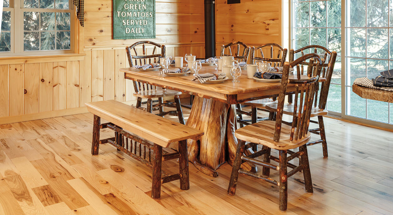 Rustic Hickory Dining Furniture Byler’s Rustic Furniture hickory dining set with a live-edge table, chairs and bench